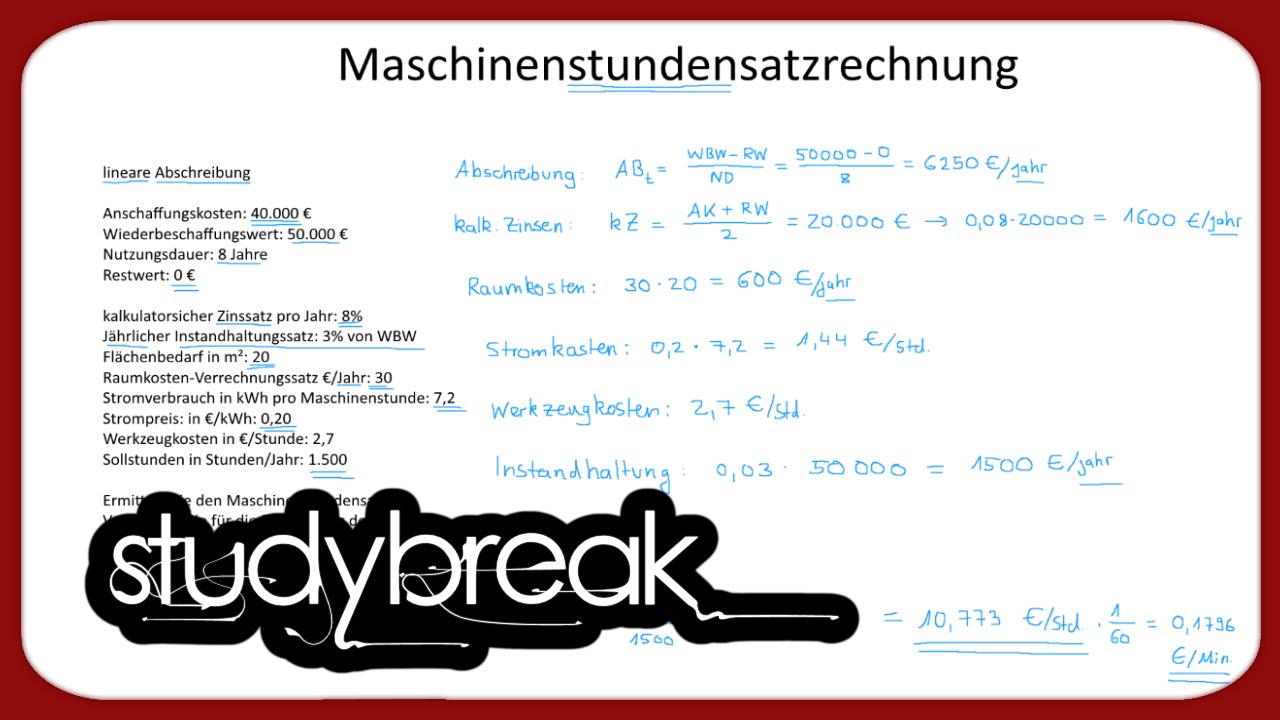 Kostenträgerstückrechnung, Maschinenstundensatzrechnung | Kosten- und Leistungsrechnung
