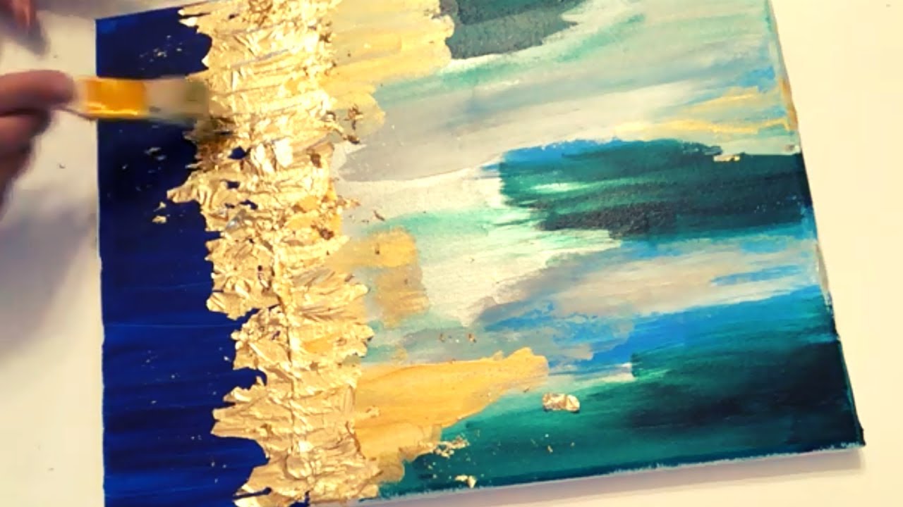 DIY  Blue Green and White Wall Art || Abstract Gold Leaf Wall Art