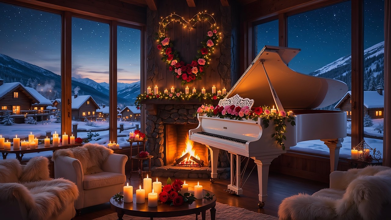Romantic Dinner Jazz Music | Cozy Fireplace and Snowfall Ambience