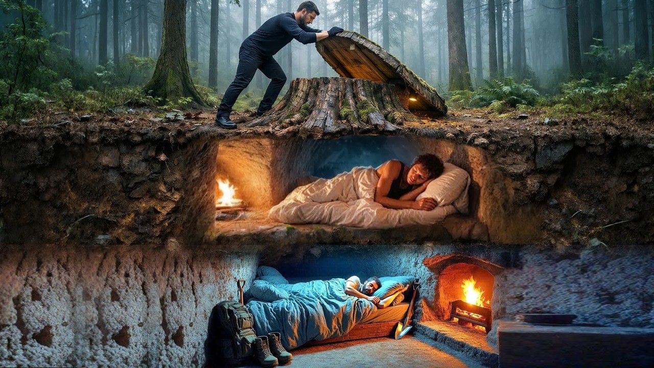 Built a Secret Dungeon in a 100-year-old tree! Bushcraft Survival Dugout 🏡 House. Full Process