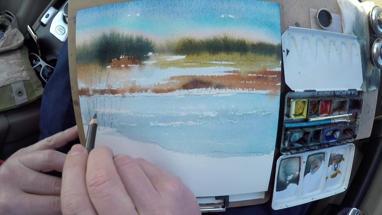 Watercolor sketching of a winter landscape on location (plein air)