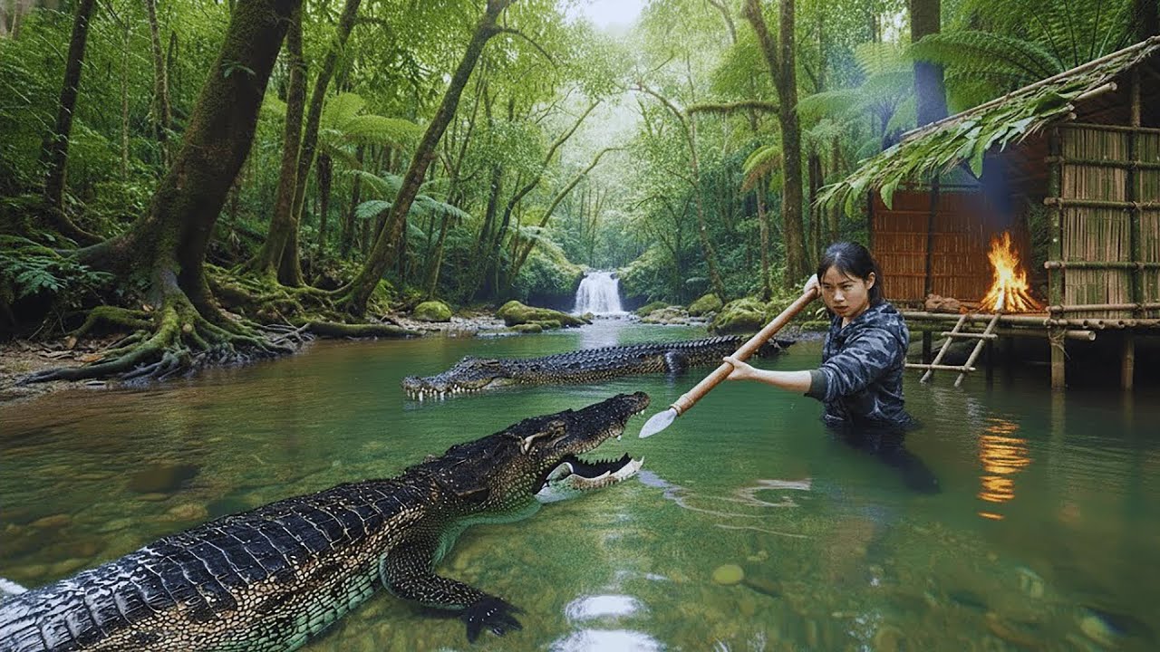 Crocodile Encounter While Fishing Near Shelter | A Dangerous Survival Alone Moment
