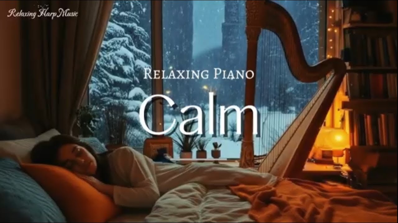 🎶Celestial Harp Melodies – Winter Night with Crackling Fire & Deep Sleep