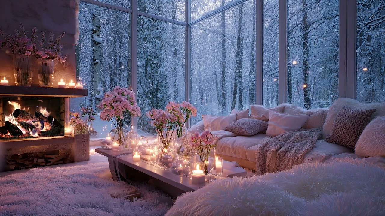 Cozy Winter Night Ambience – Snowfall Wind & Fireplace Crackling in a Warm Candlelit Living Room