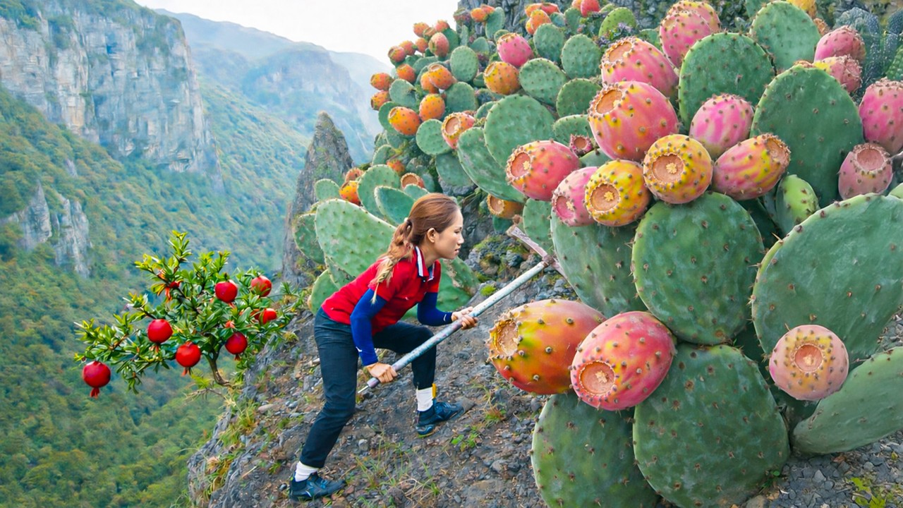 Harvesting +1000 Giant Bunny Ear Cactus on Cliff, Cactus Species Thrives in Harsh Conditions