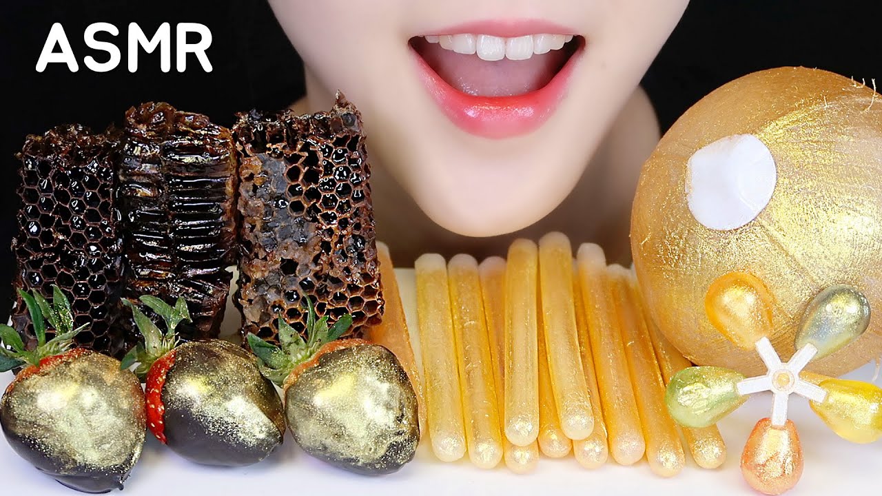 ASMR HONEYCOMB, WAX STICK CANDY, CHOCOLATE COVERED STRAWBERRY, PINWHEEL CANDY MUKBANG NO TALKING