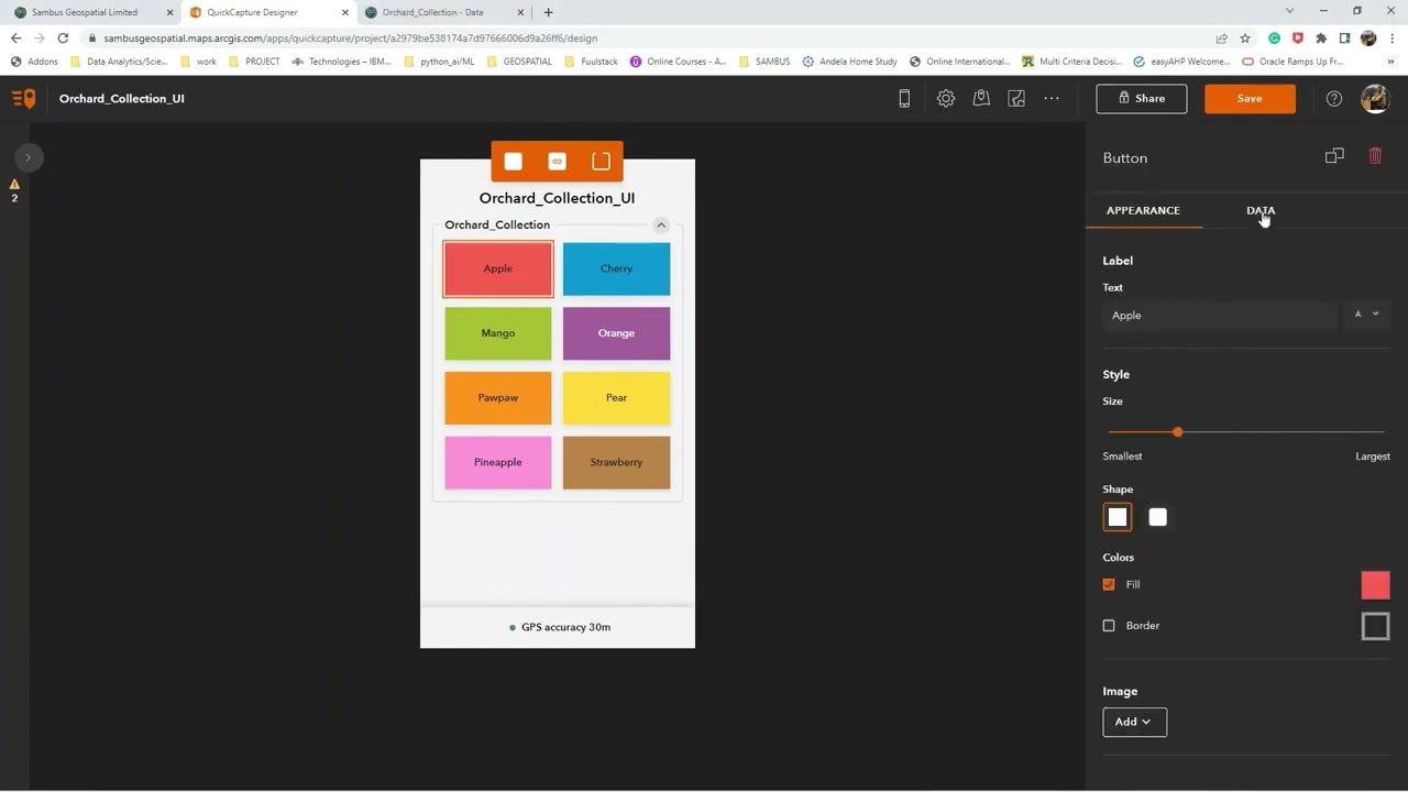 Configuring the button User input and the Project user input in ArcGIS QuickCapture