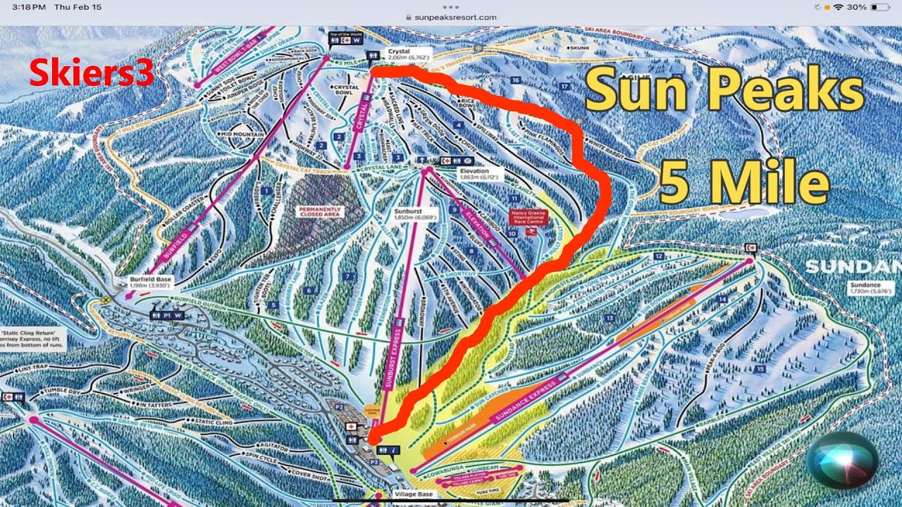 Sun Peaks, Skiing 5 Mile. Super Long Green Run for Beginners.