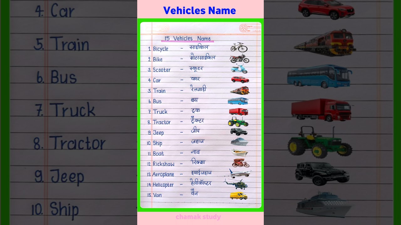 15 Vehicles Name in English and Hindi | Vehicles Name | वाहनों के नाम | #shorts #Vehicles #vehicle