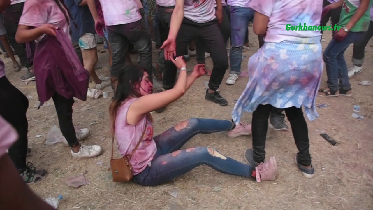 Holi Festival at Tudikhel in Kathmandu. Dancing and Colourful Festival in Nepal.