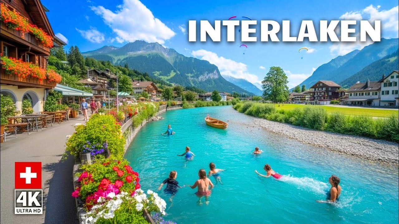 Walking in Interlaken, Switzerland 🇨🇭 | 4K Tour of a Beautiful Swiss Town in the Alps