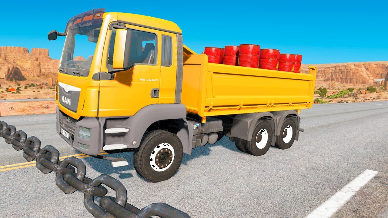 18 TRUCK TANKER vs CHAIN flatbed truck, concrete mixer, tow truck – BeamNG Drive