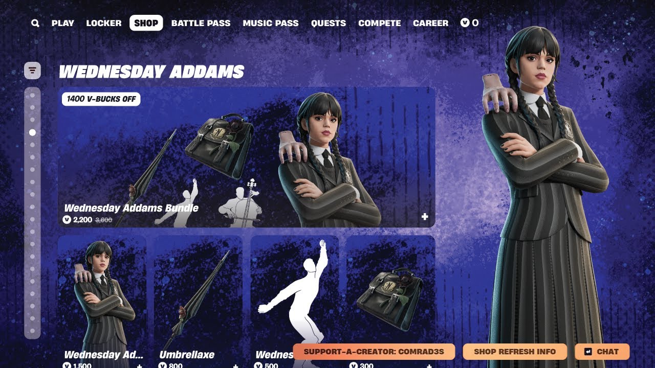 NEW Fortnite X Wednesday Addams Skin, Emote, and All Cosmetics - Item Shop Bundle