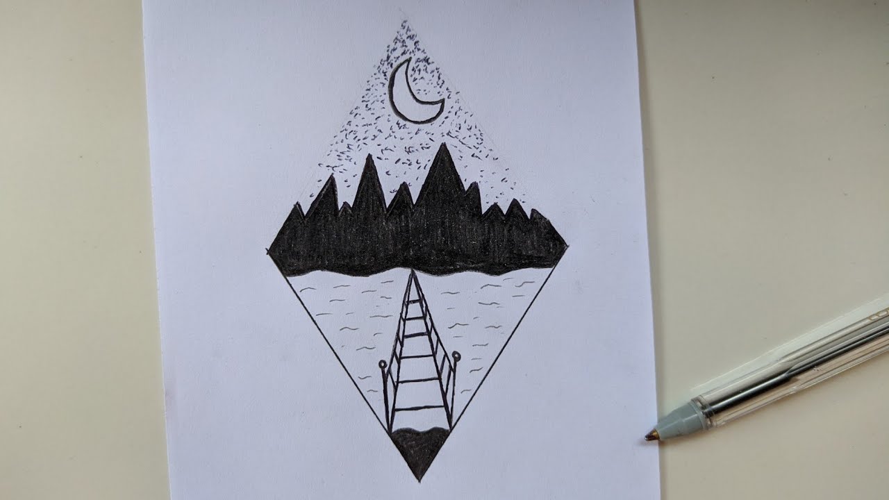 Como desenhar uma ponte sobre o rio e montanhas, em um losango. Desenho de Paisagens