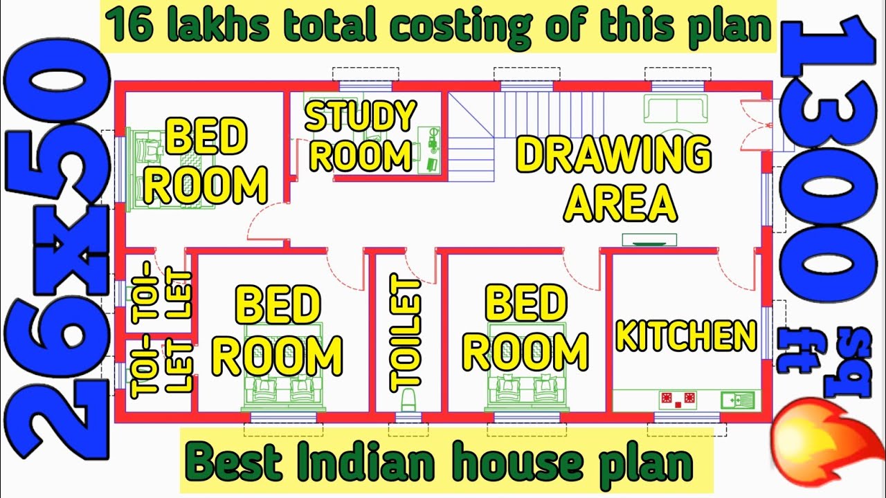 26 x 50 house plans India | 26&times;50 house design | 1300 sq ft Indian House Plan | 3 bhk Building Plan