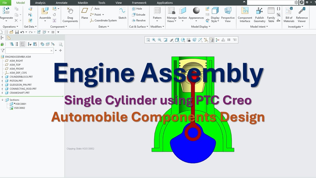 Простая 3D-модель одноцилиндрового автомобильного двигателя в PTC Creo — пошаговая инструкция.