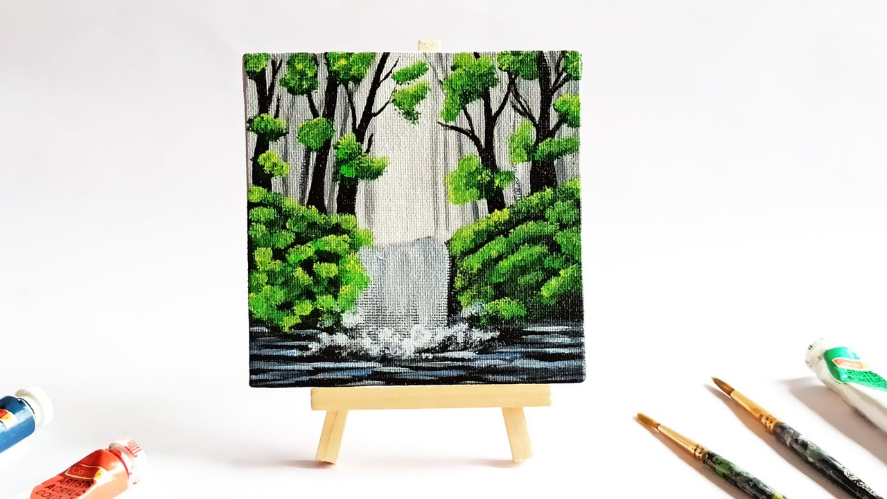 Waterfall Acrylic Painting For Beginners Step By Step | Mini Canvas Painting Ideas For Beginners
