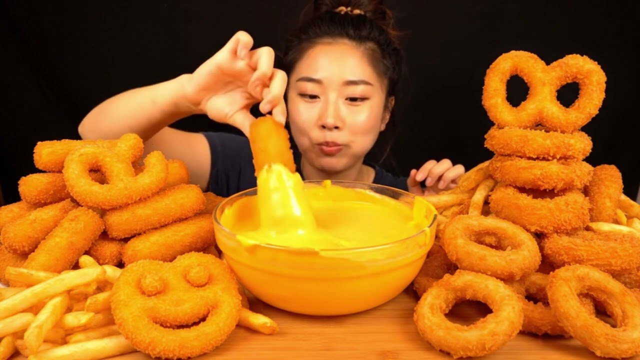 ASMR Cheesy Dip Challenge with Fried Onion Rings & Potato Fries