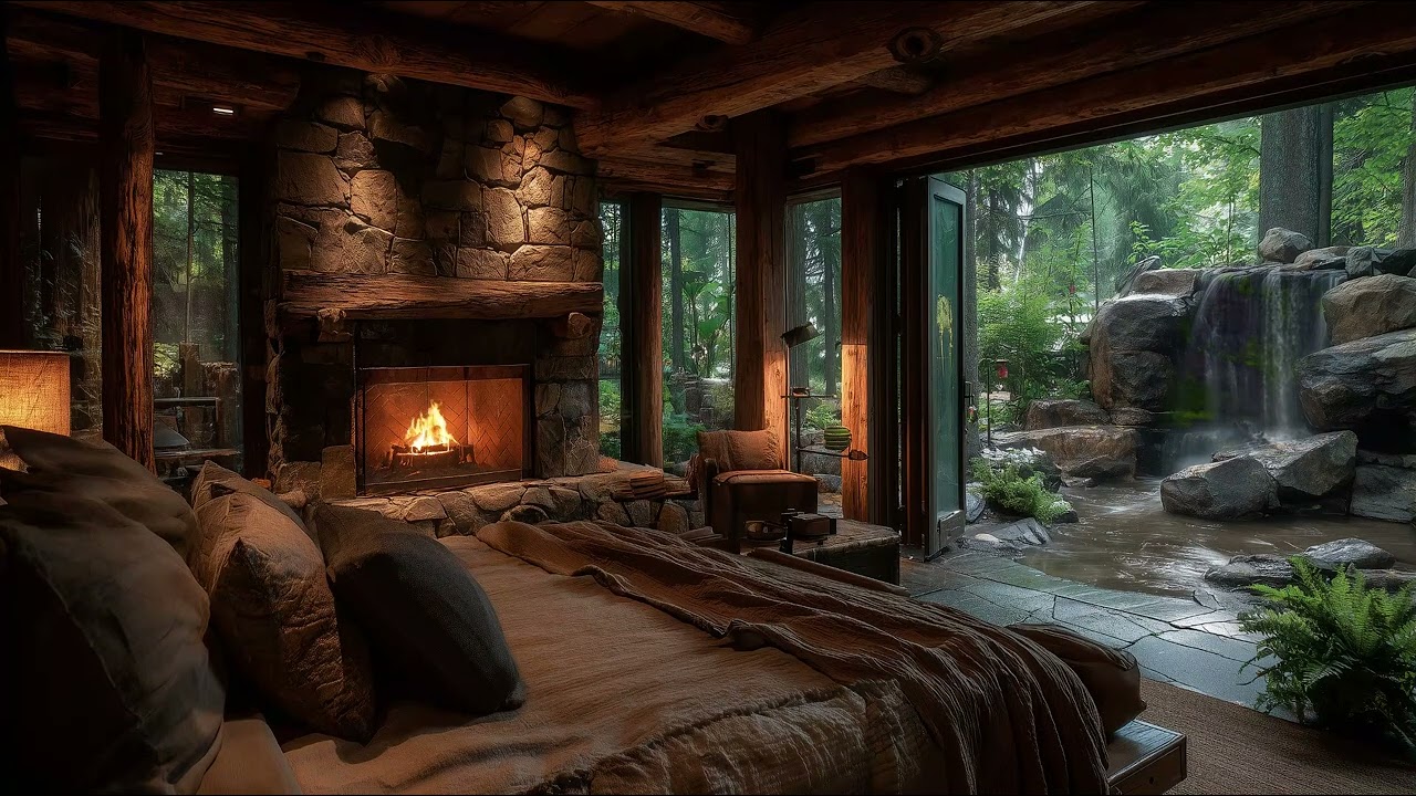 Backyard Waterfall Ambience 🔥🌿 Cabin Bedroom Ambience: Fireplace & Backyard Waterfall | 6 Hours (HD)