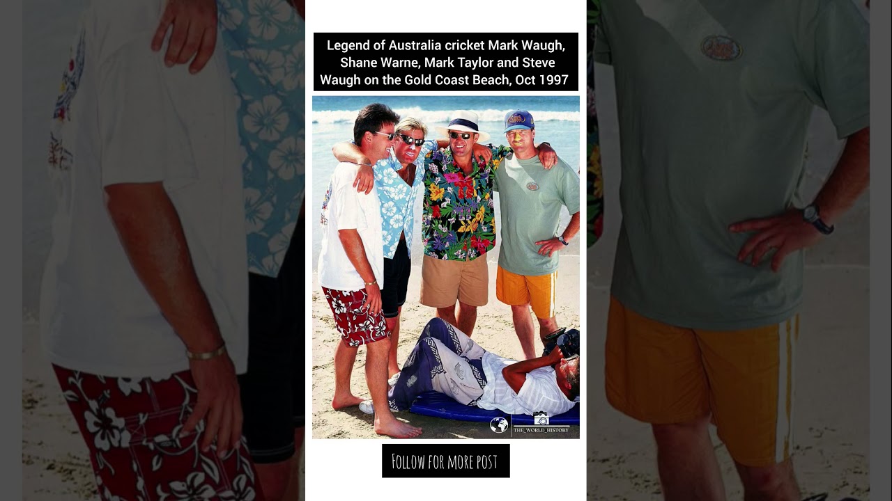 Australian cricketers Mark Waugh, Shane Warne, Mark Taylor, and Steve Waugh on beach in 1996. 