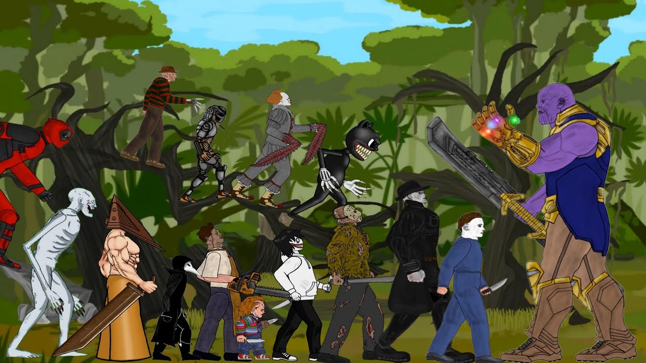 Thanos vs Predator, Pyramid Head, Jeff, Jason, Freddy, Pennywise, Tyrant, Scp096, Cartoon Cat, +More