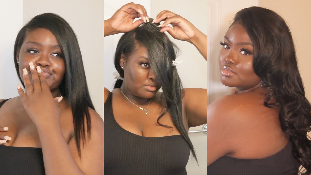 SUPER EASY SIDE PART CURLS QUEEN CLIP IN HAIR EXTENSION | Installing, Flat Iron Curls + Review