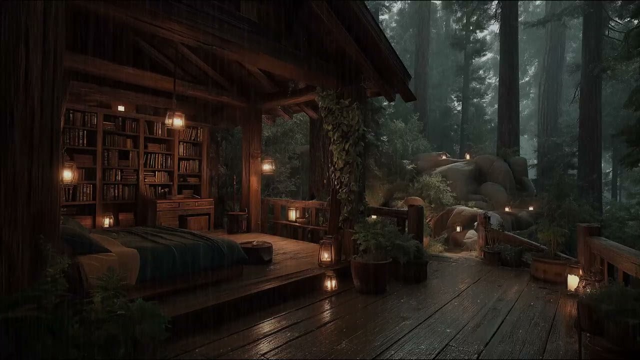Peaceful Rainforest Treehouse in the Rain with Calm Nature Sounds for Sleep and Stress Relief