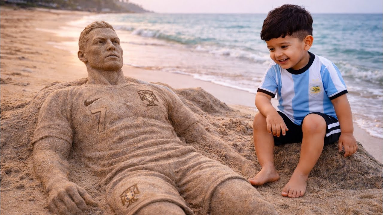 .	I Made Sand Ronaldo at the Beach 🏖️⚽ | Kids Sand Art