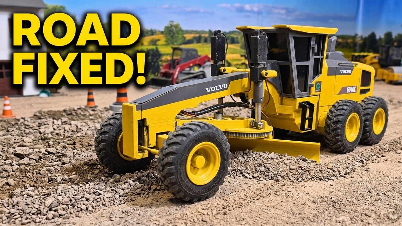 Grading A Road with A Road Grader Smoothening A Rough Road On RC Construction Site!