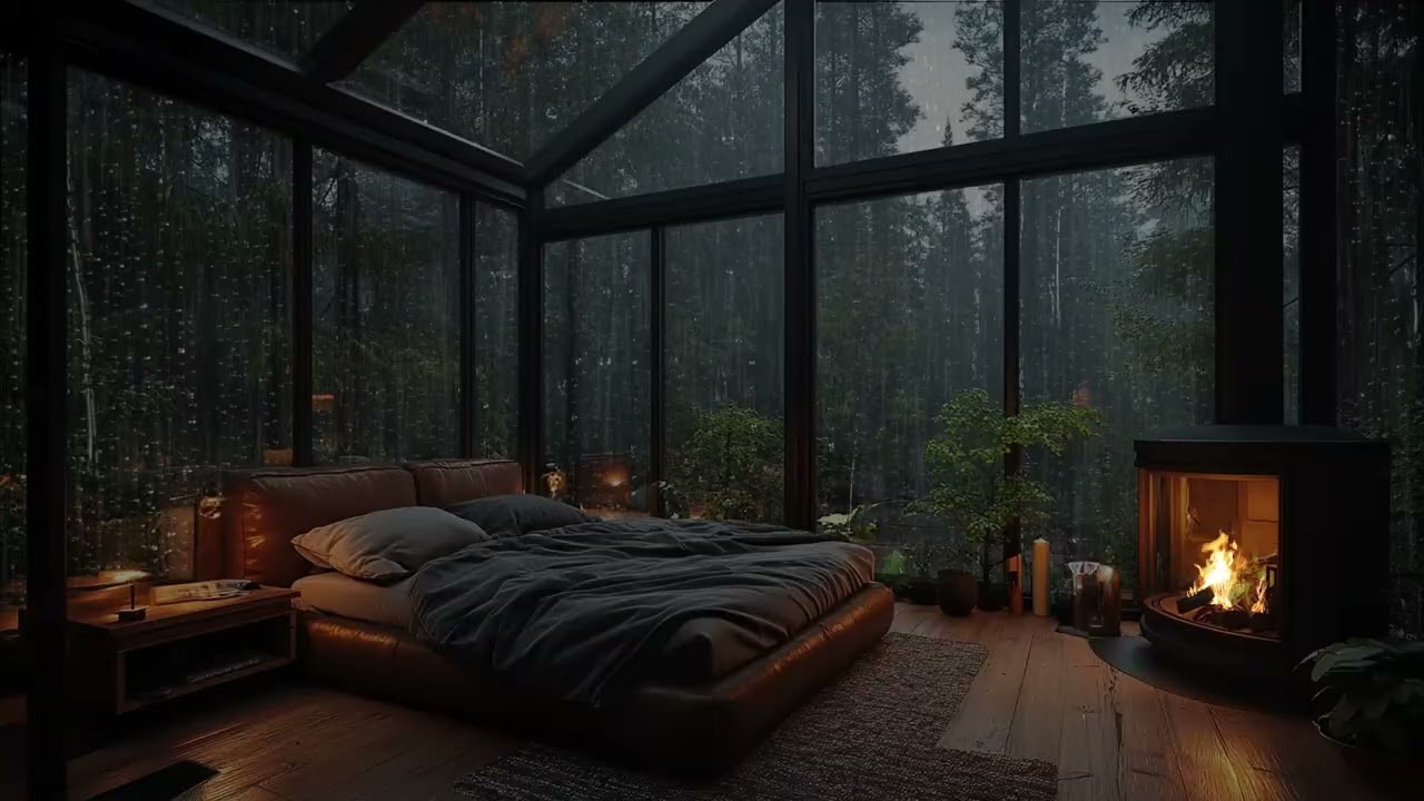 Cozy Room in Rain Forest | Natural Rain Sound and Crackling Fireplace for Stress Relief