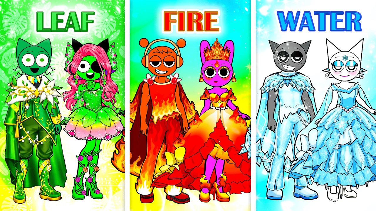 DIY Fashion Sprunki Paper Doll 💛💖 SPRUNKI Couple LEAF x FIRE x WATER Colorful Hair Skincare + Makeup