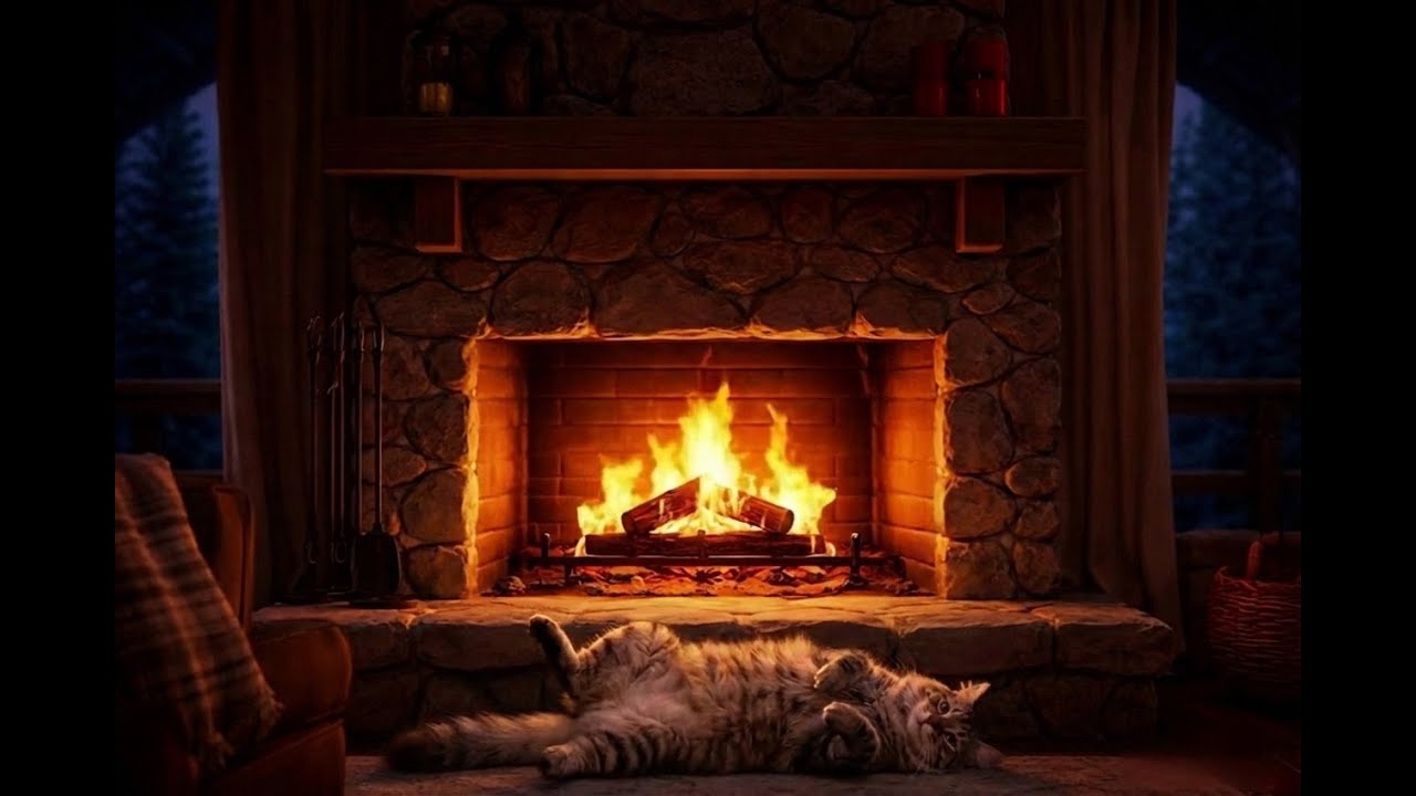 1 Hour Cozy Fireplace : Ending with a Cat Stretch (No music)