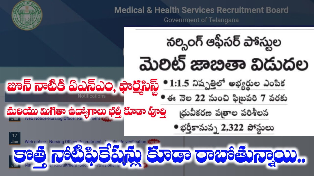 1:1.5 నిష్పత్తిలో నర్సింగ్ ఆఫీసర్ అభ్యర్థుల మెరిట్ లిస్ట్ విడుదల | Telangana Nursing Officer Results