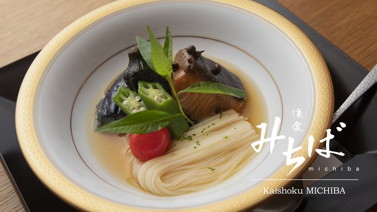 懐食みちば｜2020年7月のランチ：夏の前菜、冬瓜と鮑の御椀、鱸と穴子の松前焼、活鱧しゃぶ、茄子素麺など。
