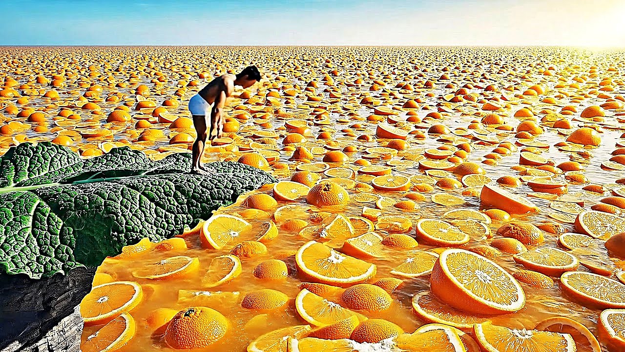 🍊 Man Jumped Into a Fruit Ocean 🌊 Would You Try This Next? | Oddly Satisfying Cinematic AI ASMR