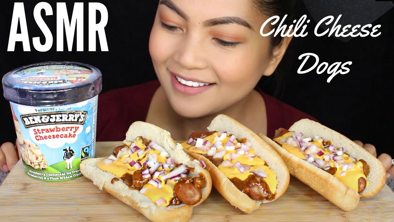 ASMR CHILI CHEESE DOGS and BEN & JERRY'S STRAWBERRY CHEESECAKE ICE CREAM Eating Sounds