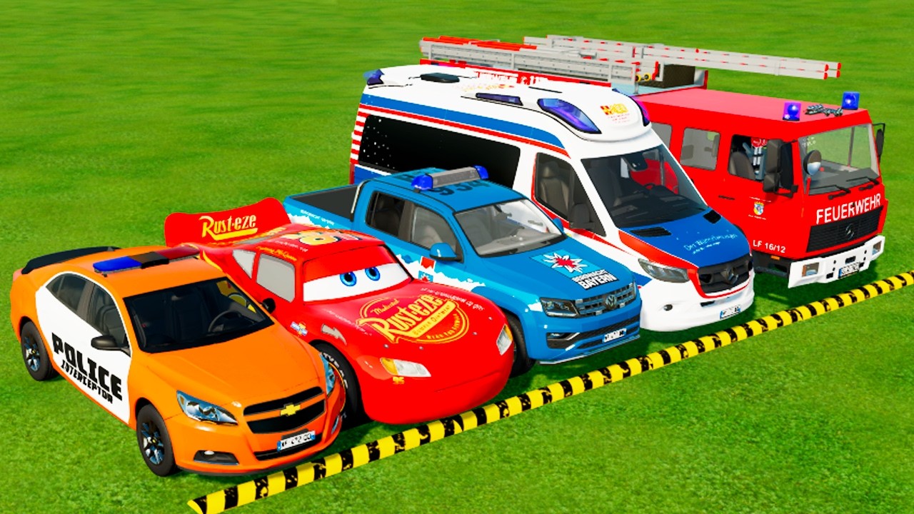 DACIA, MCQUEEN CAR, FORD POLICE CARS, AMBULANCE EMERGENCY TRANSPORTING WITH TRUCKS ! FS22 #8