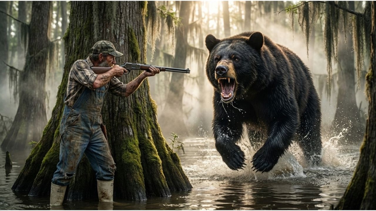 Swamp Man Hunting in Pearl River Basin | Swamp Black Bear Roasted on Stake + Hollow Log Smoker