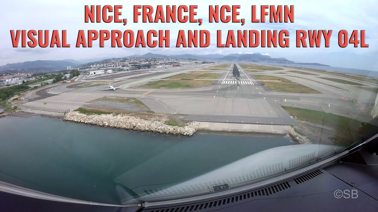 Nice, NCE airport, France: Approach + landing runway 04L. Airbus cockpit view. With ATC + ATIS. 4k