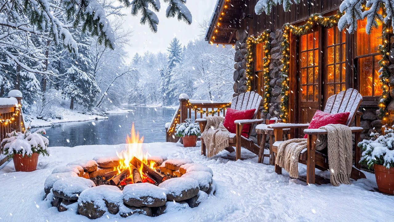Cozy Winter Porch Ambience by the Lakeside ❄️🔥 Crackling Fire Sounds, Snowfall & Forest Ambience