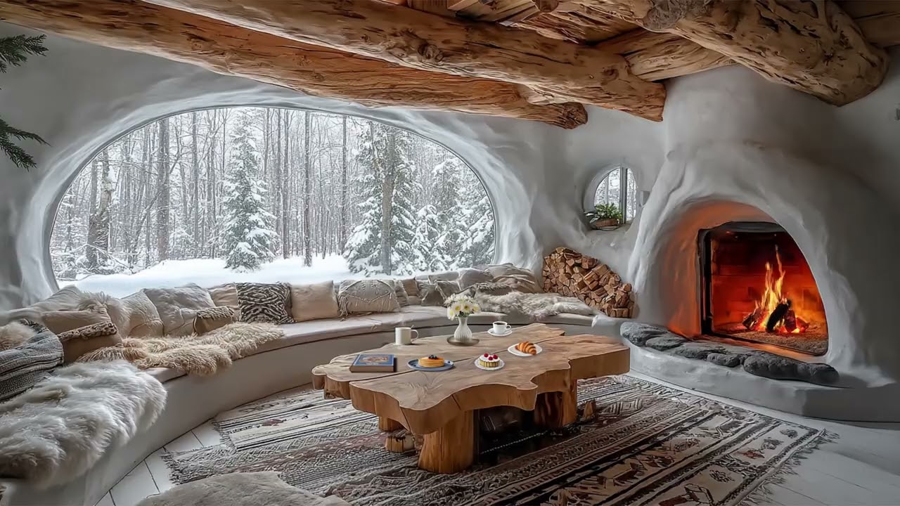Cozy Winter Jazz Music ❄ Crackling Fireplace Ambience at a Cabin for Relaxing