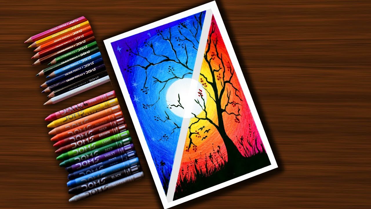 Moonlight and Sunset | Simple Painting Technique For Beginners | With Wax Crayons | Satisfying #75