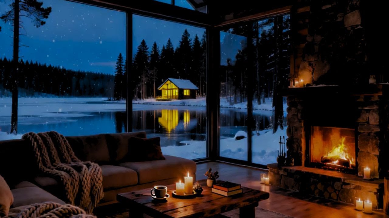 Frozen Lake Glow Jazz 🎷🔥 Cozy Glass Cabin Evening