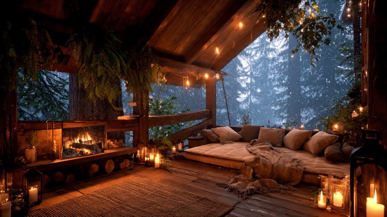 Warm Fireplace Cabin Porch Jazz ☕ Winter Instrumental in Pine Forest 4