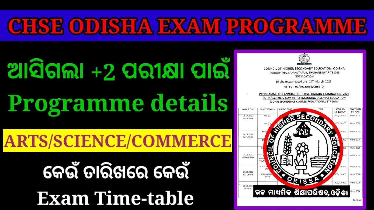 Odisha 12th Board Exam Time Table 2022 || CHSE Exam Date 2022 .