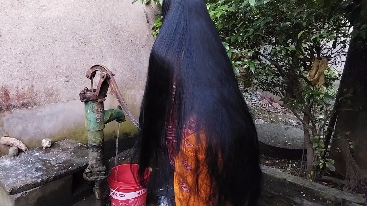 Hand Pump Pumping For Beautiful Indian Woman And Gorgeous Black Silky Long Hair Play |