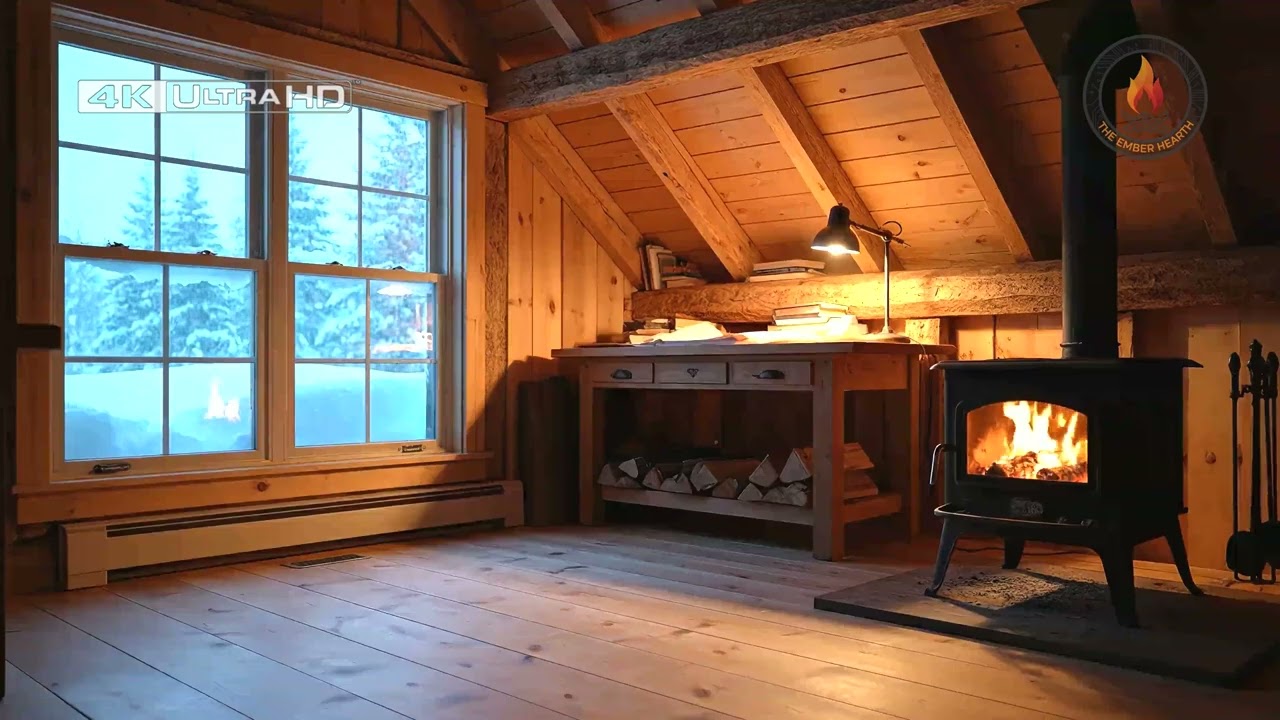 Cozy Cabin in Winter Storm 4K ❄️ | Soft Fireplace Crackles & Falling Snow – 10 Hours