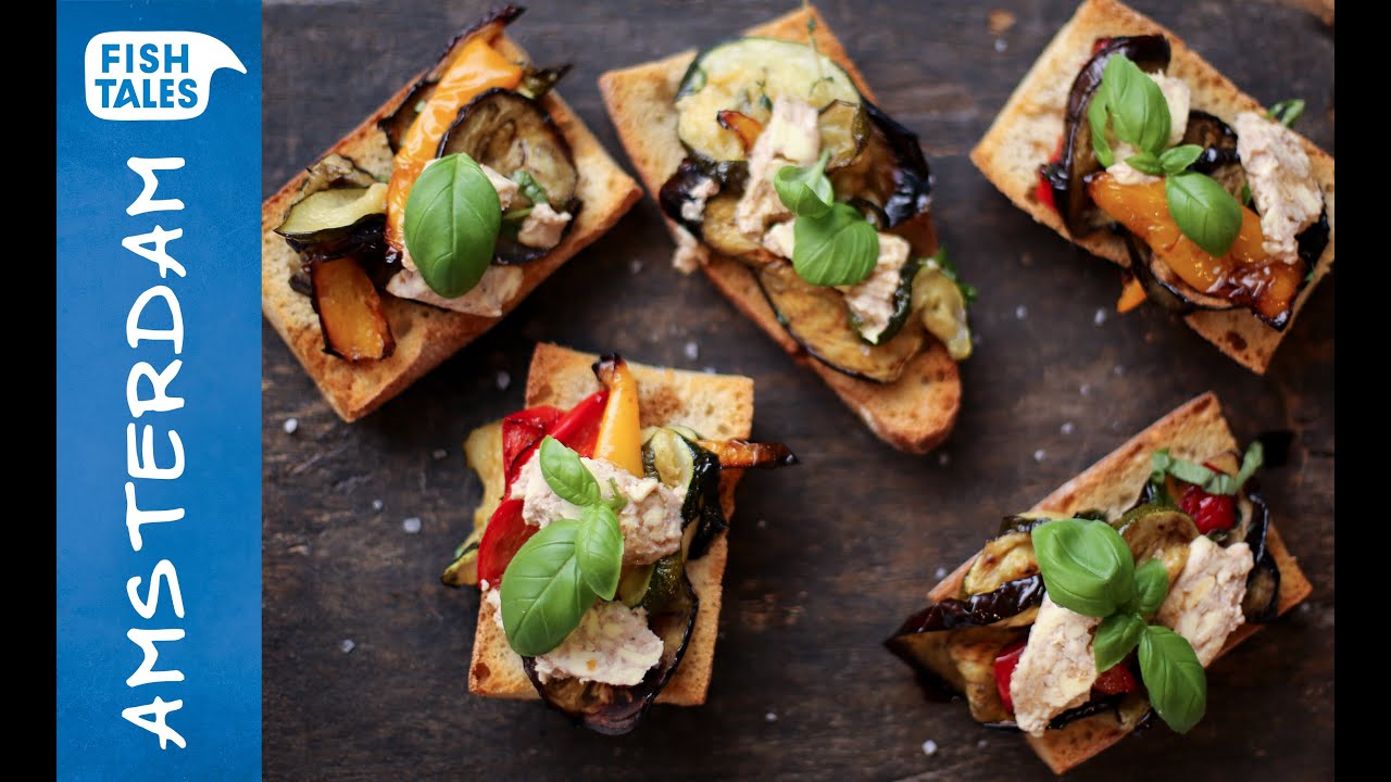 Grilled vegetables and cod liver butter bruschetta