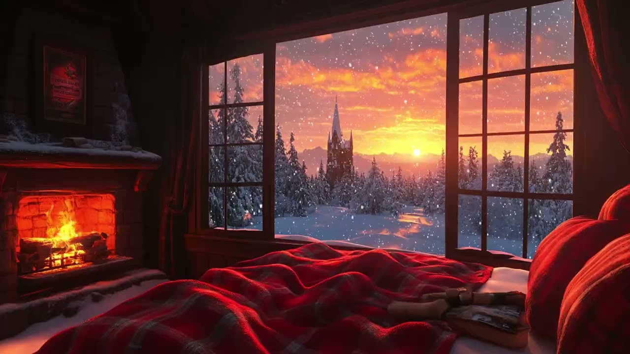 Cozy Winter Cabin Sunset ❄️ Snowfall Ambience & Crackling Fireplace for Deep Sleep