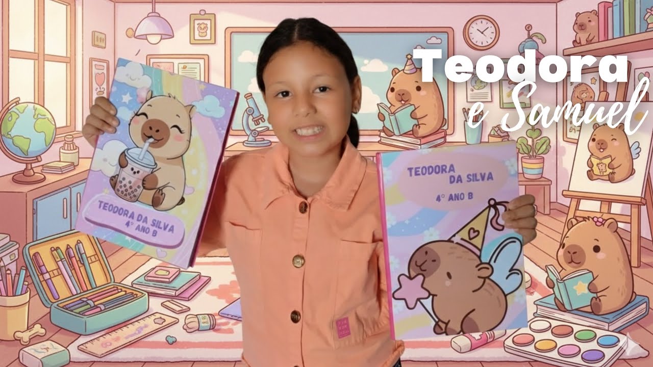 Teodora etiquetando o material escolar 🩷